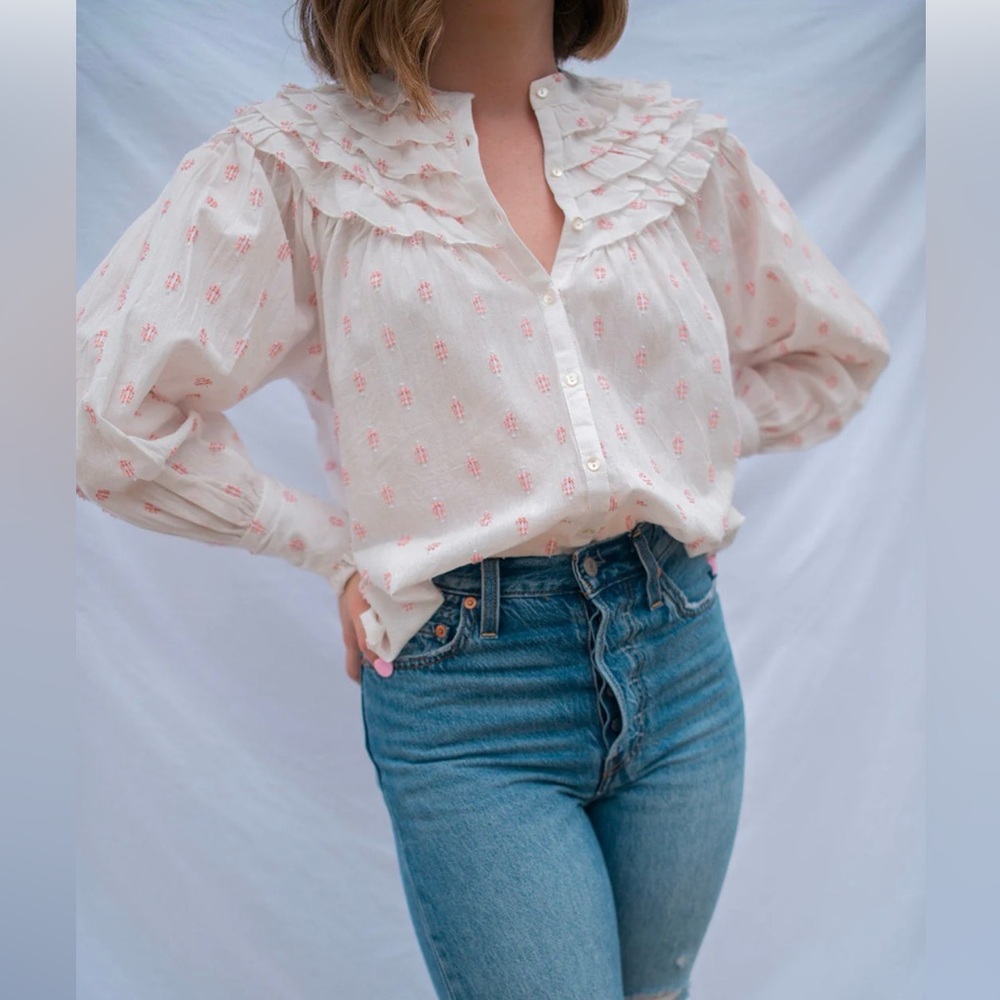 FRNCH White and Pink Block Print Top